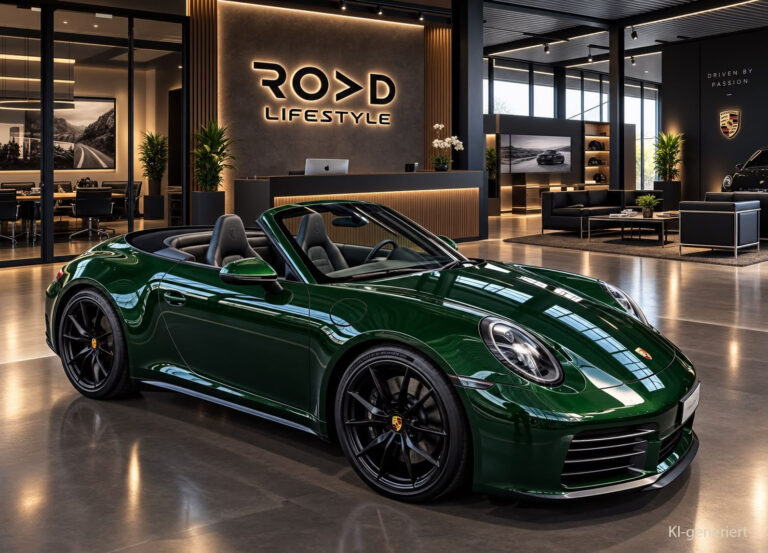 Grüner Porsche im Road Lifestyle Autohaus (KI-generiert)